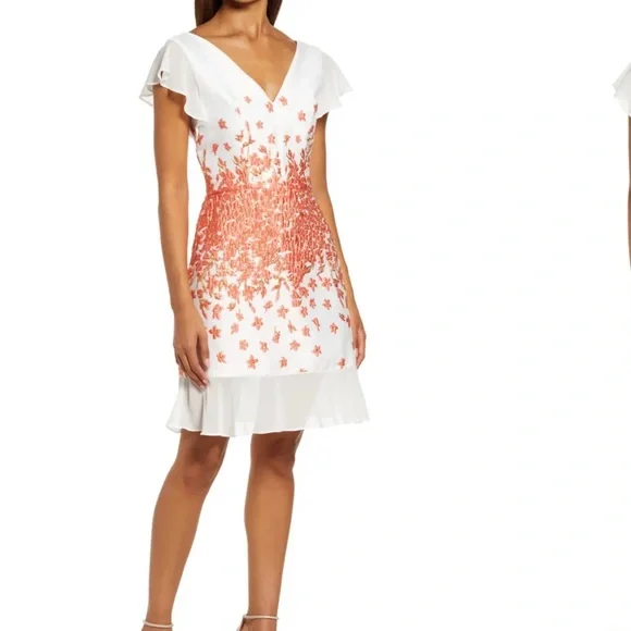 Chi Chi London Francesca Embroidered Fit & Flare Dress in Coral at Nordstrom, Size 4